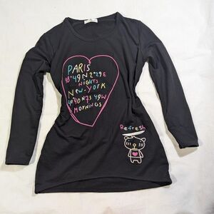 Paris Nights New York Mornings Heart Small Black Long sleeved Tunic tshirt NWOT